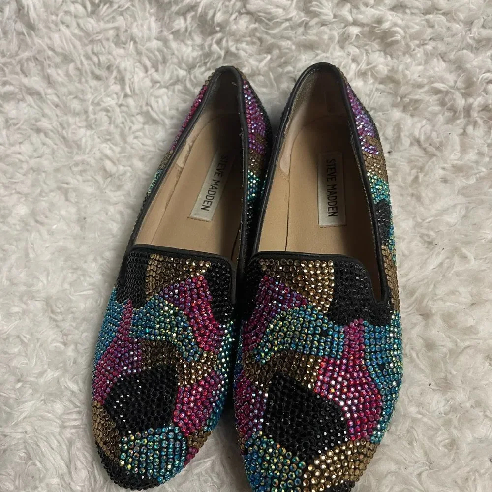 Steve Madden synthetic Multi color Rhinestones loafers leather soles SZ7